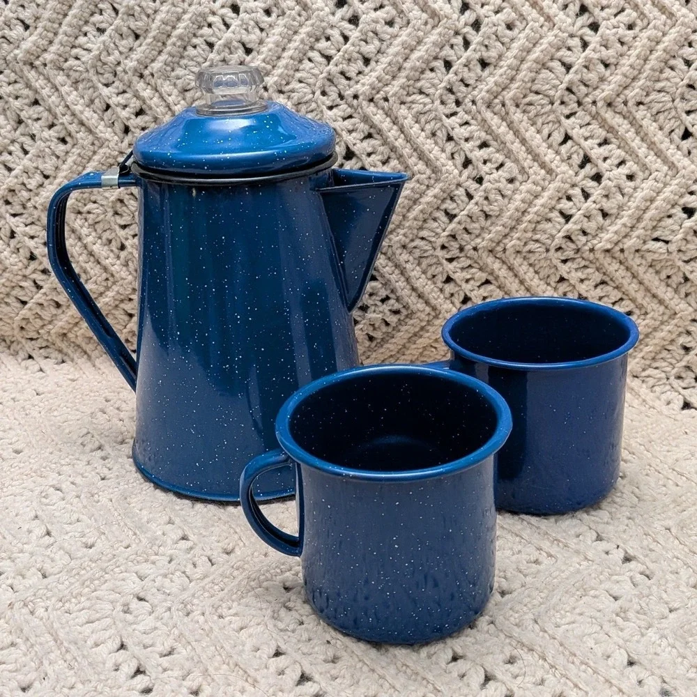 Vintage Blue Speckled Enamelware Coffee Percolator and 2 Mugs Camping Set